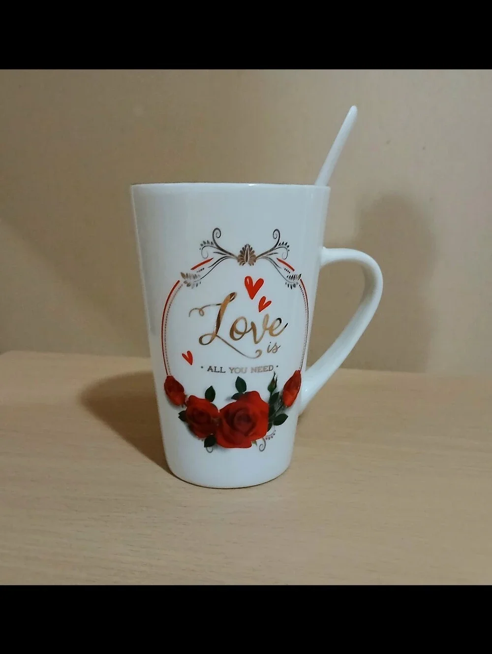 Tall White Ceramic Mug with Spoon. Never Used.
